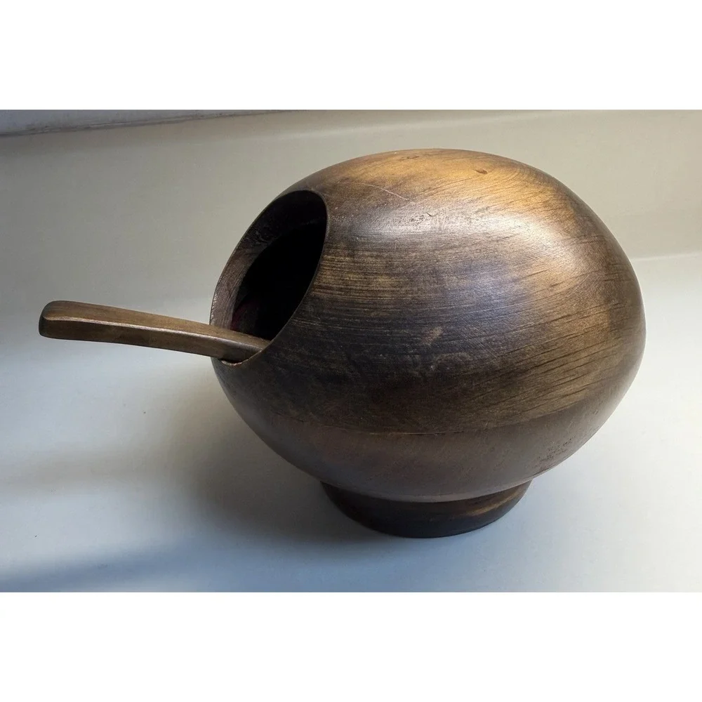 Vintage MCM Monkey Pod Wood Orb Salt Cellar/Nut Bowl, W/Spoon! EUC